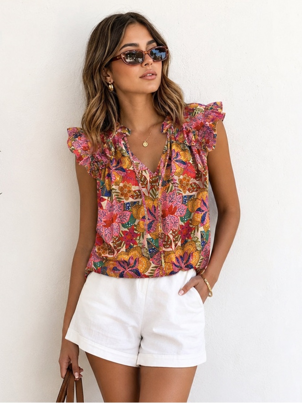 Rose + Olive Tropical Floral Flutter Sleeve Boho Blouse